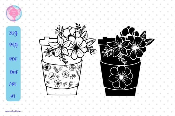 Coffee Cup SVG + Flower SVG Graphics for Print Templates